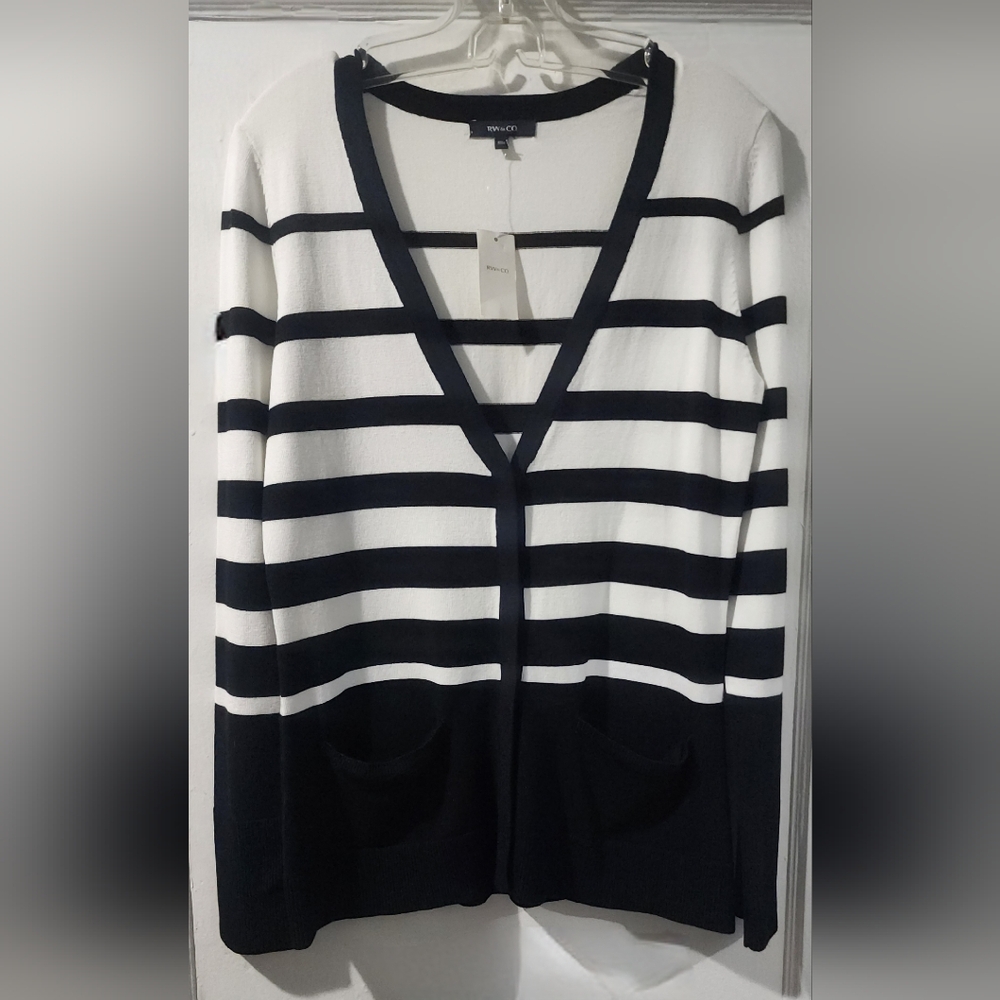 RW&CO. Navy and White Striped V-Neck Cardigan Sweater